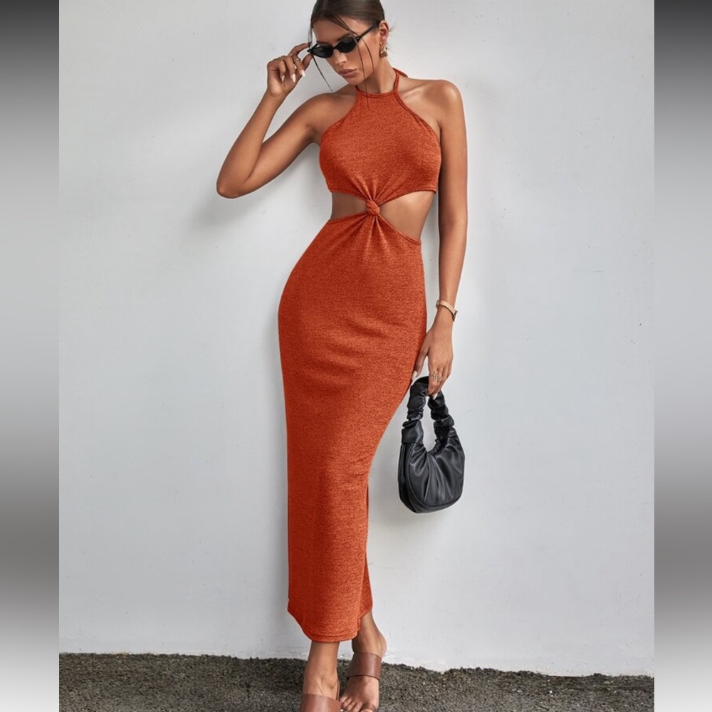 Privé Cut Out tie back halter dress in Burnt Orange.